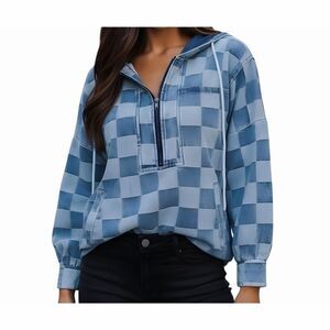 Blue Check Windbreaker Kangaroo Pocket Jacket Half-Zip Hoodie